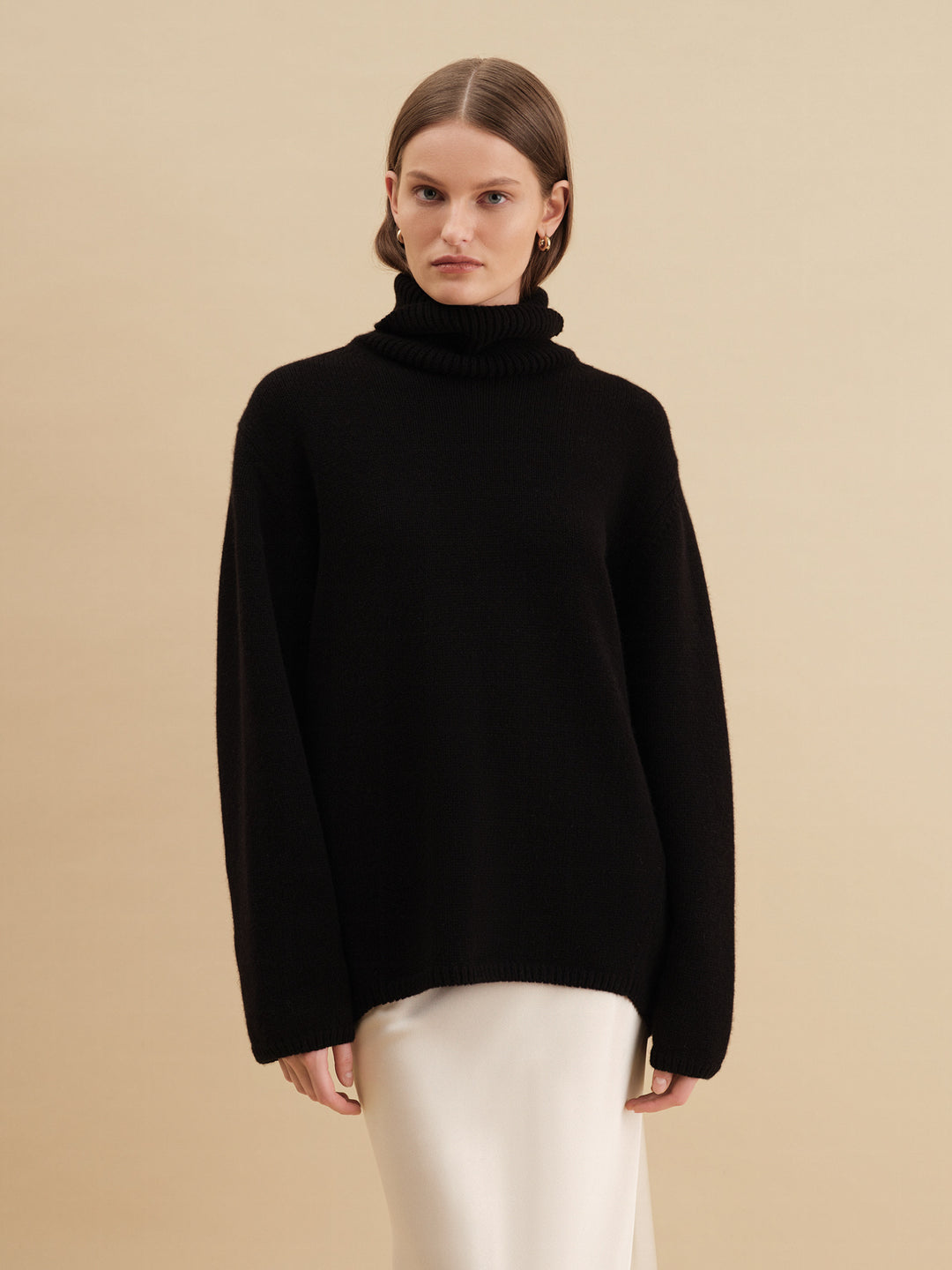 women - turtleneck sweater — loose fit— high neck - cashmere - merino - milk
