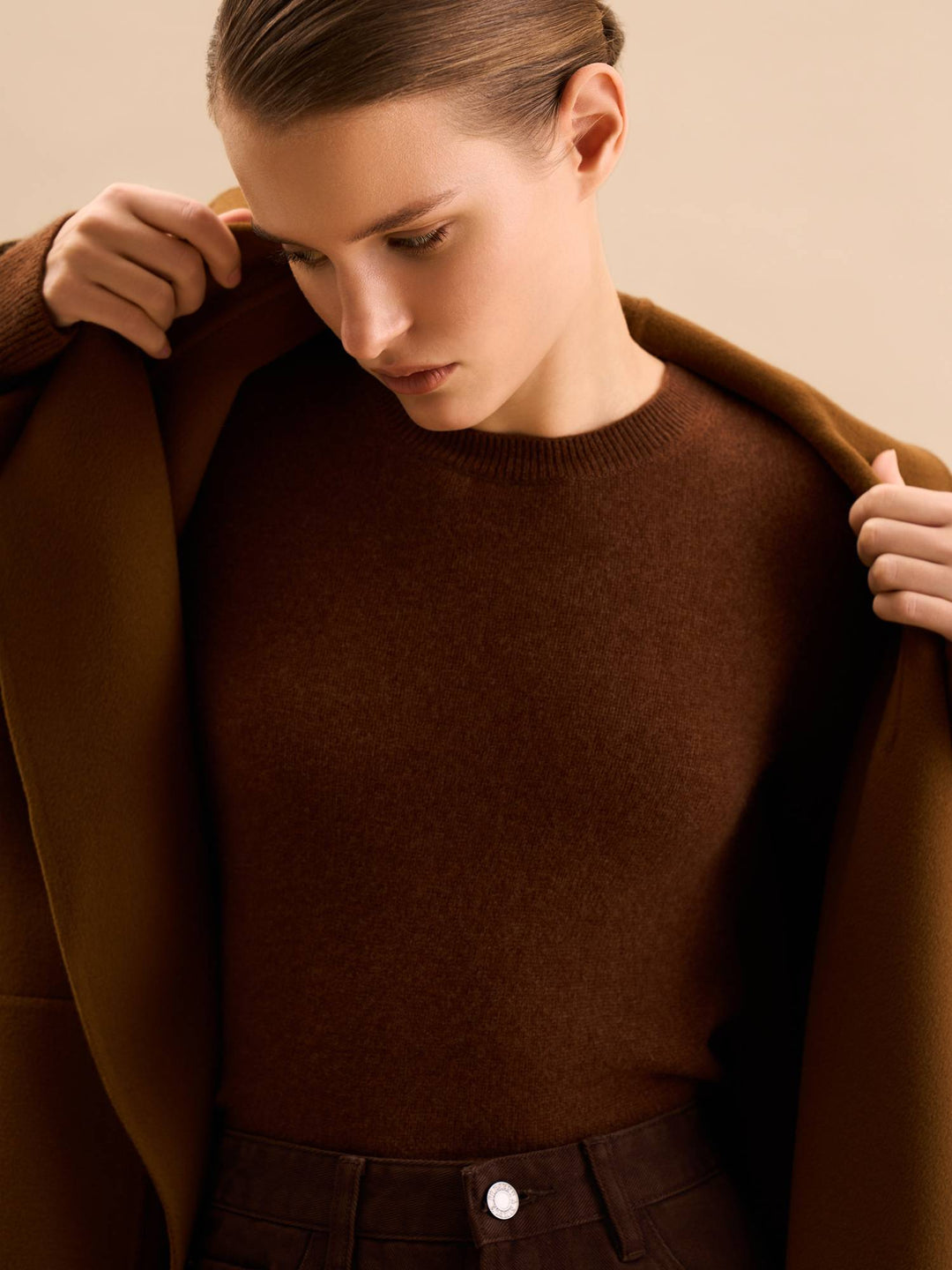 Women - Cashmere - Round-neck - Sweater - Chocolate