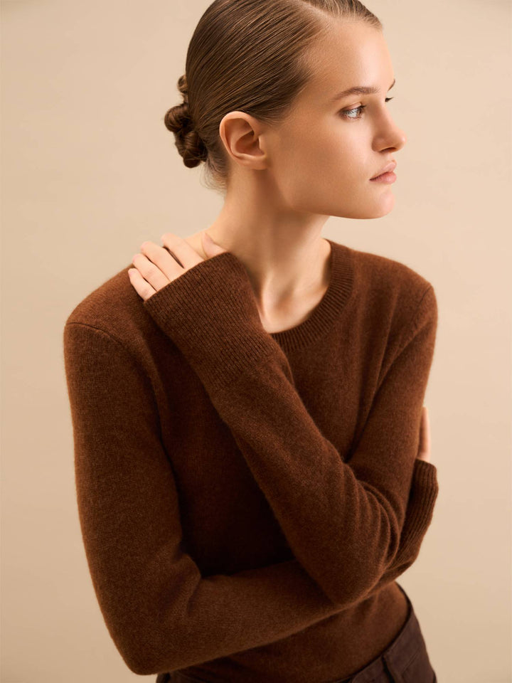 Women - Cashmere - Round-neck - Sweater - Chocolate