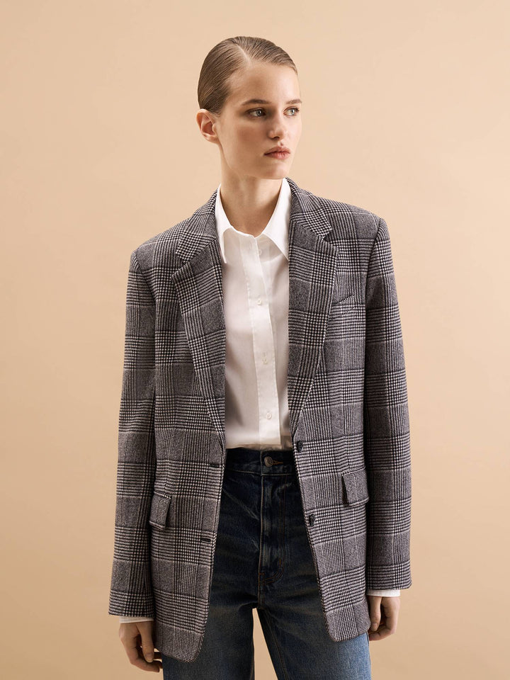 Women - Blazer -Cashmere - Wool - Grey - Checked