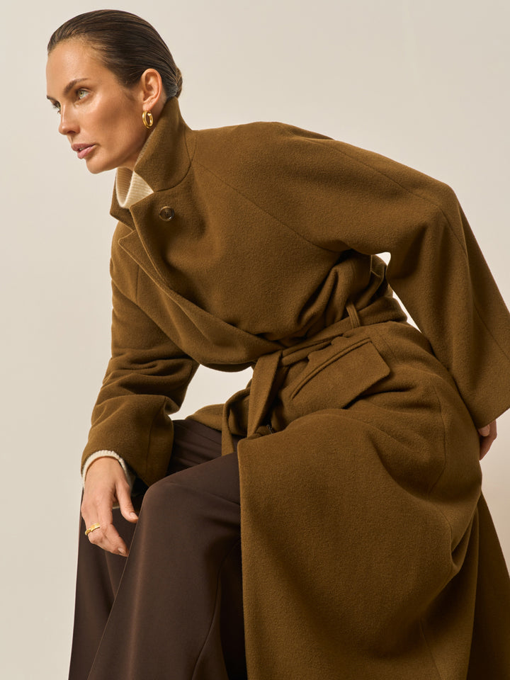 Women - Wool - Midi - Straight - Coat - Brown