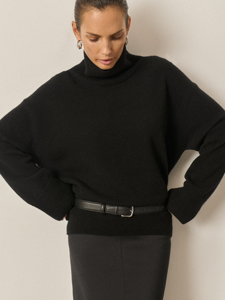 Women - Turtleneck - Sweater - Cashmere - Wool - Black