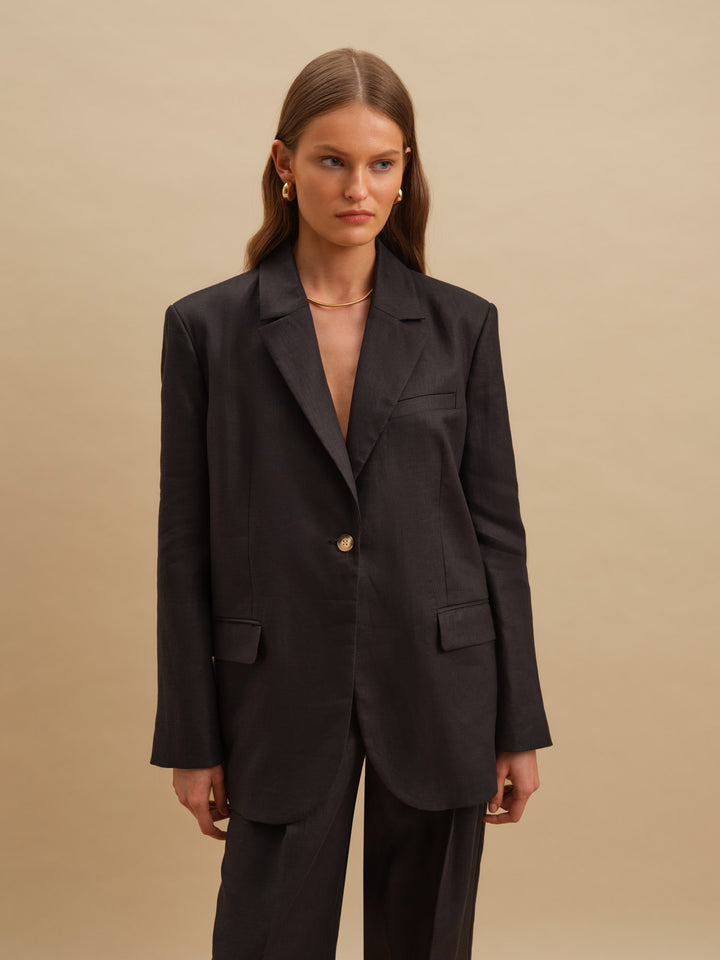 linen - blazer - women - cotton - oversize - black