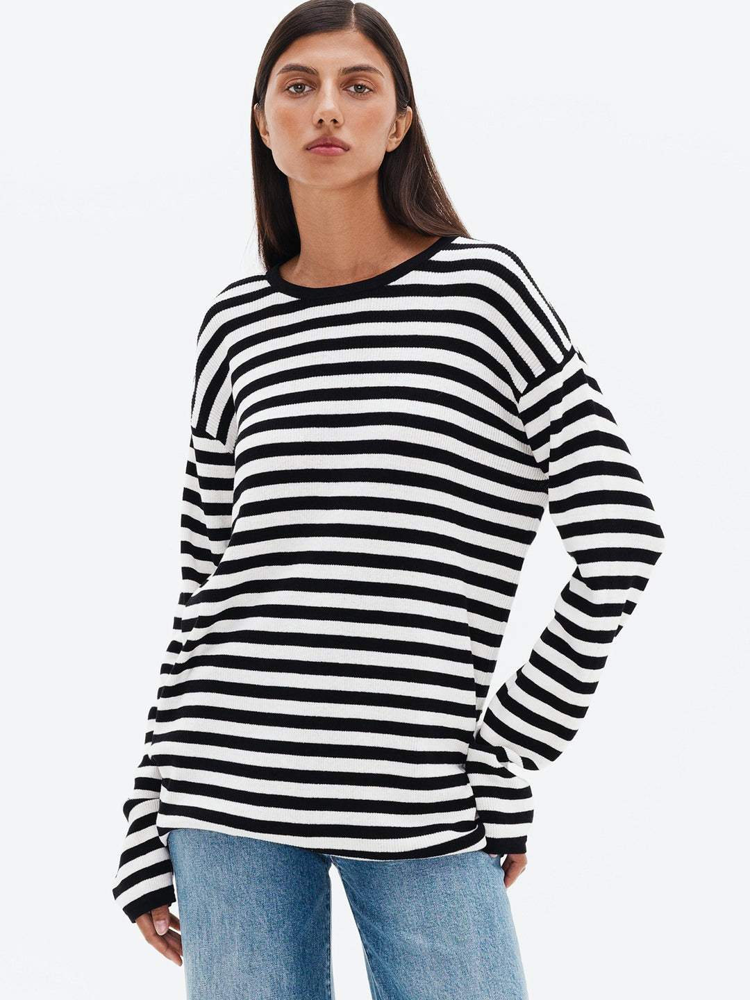 Women - Silk - Linen - Cotton - Long sleeve - Top - Black - White - Striped