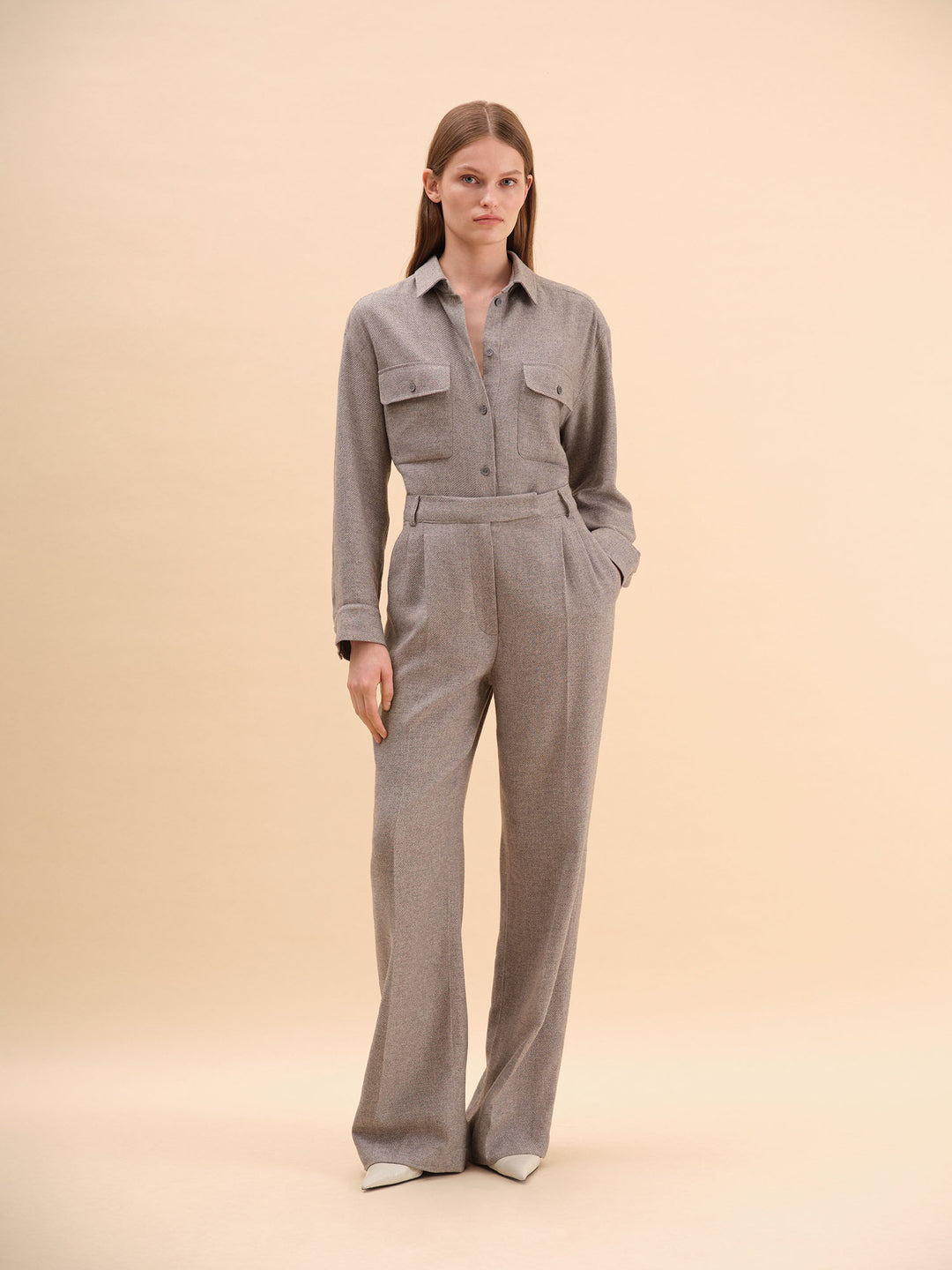 Women - Cashmere - Silk - Pleated - Wide - Pants - Grey