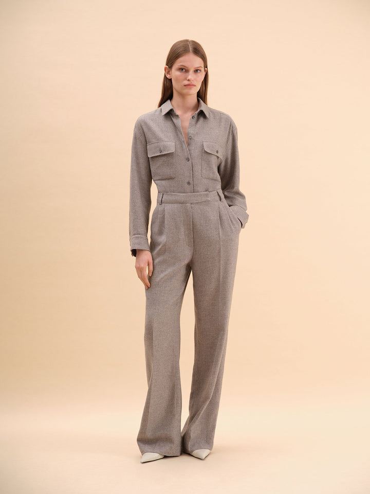 Women - Cashmere - Silk - Pleated - Wide - Pants - Grey