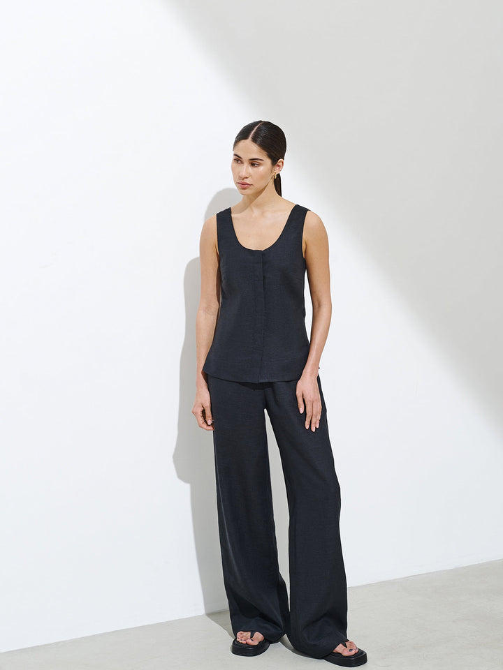 linen pants - women - wide-leg - high waist - black