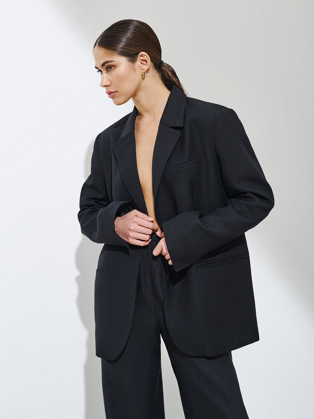 linen blazer - women - cotton - oversize - black