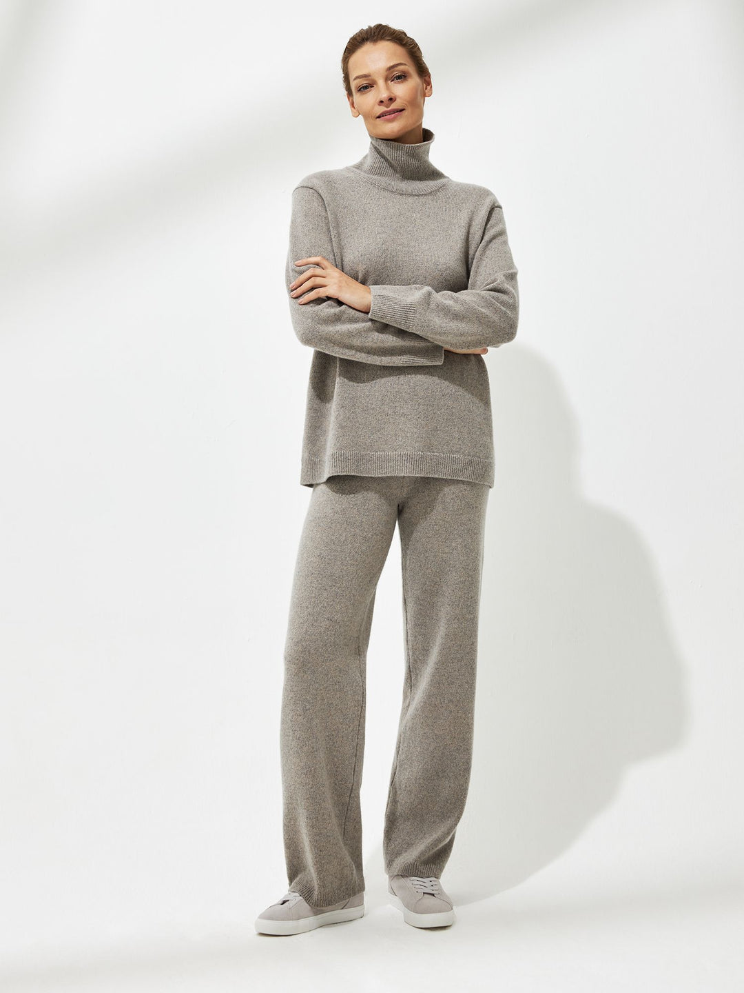 cashmere - merino - sweater with high collar in coffee - grey - melange